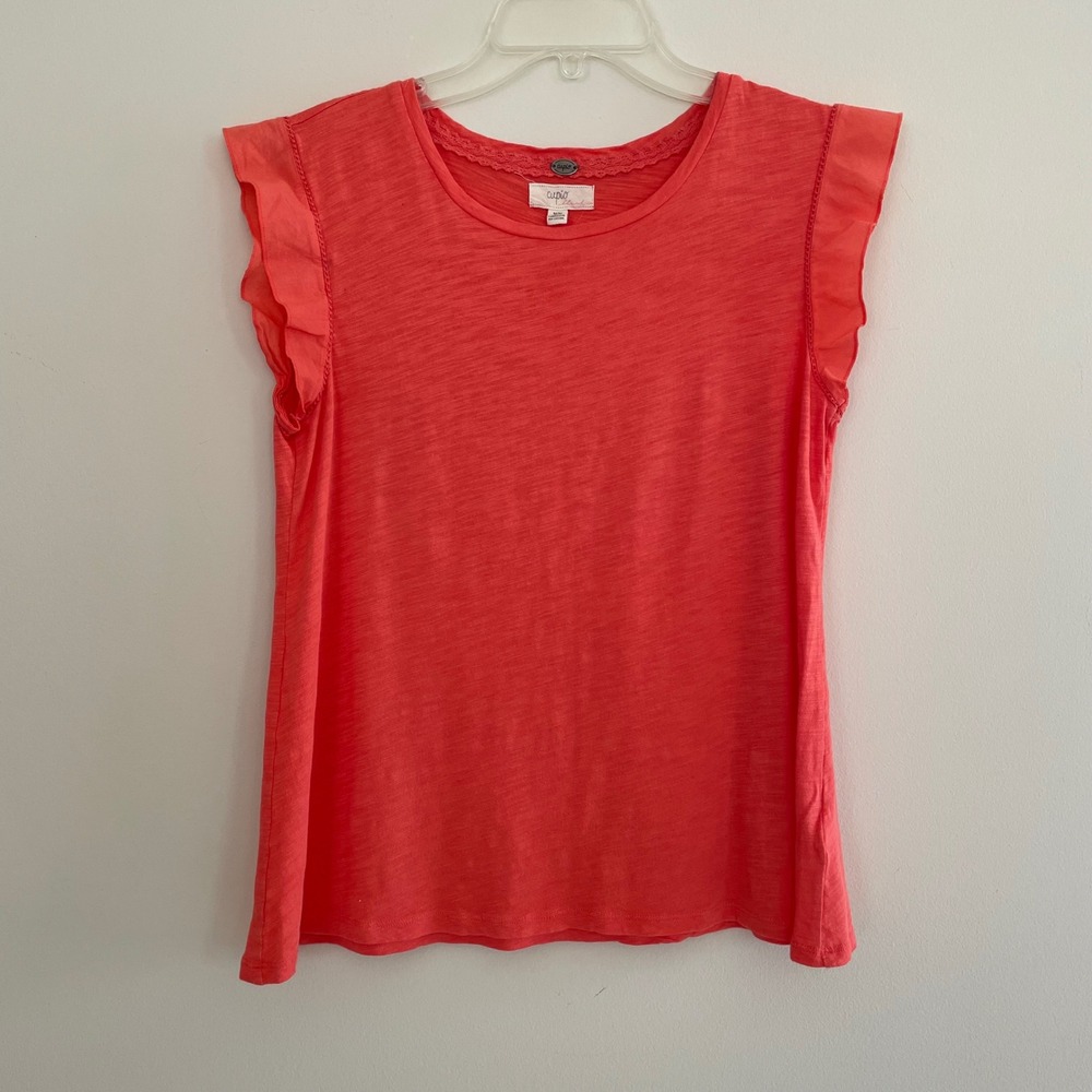 Cupio Blush‎ Coral Pink Ruffle Cap Sleeve Slub Knit Lace Trim Top Womens Medium